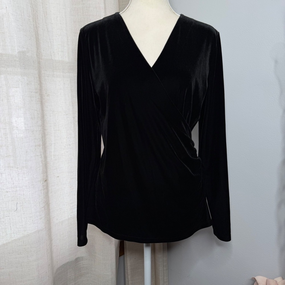Talbots Black Velvet Long Sleeve Blouse V Neck Gathered Waist Women's Medium